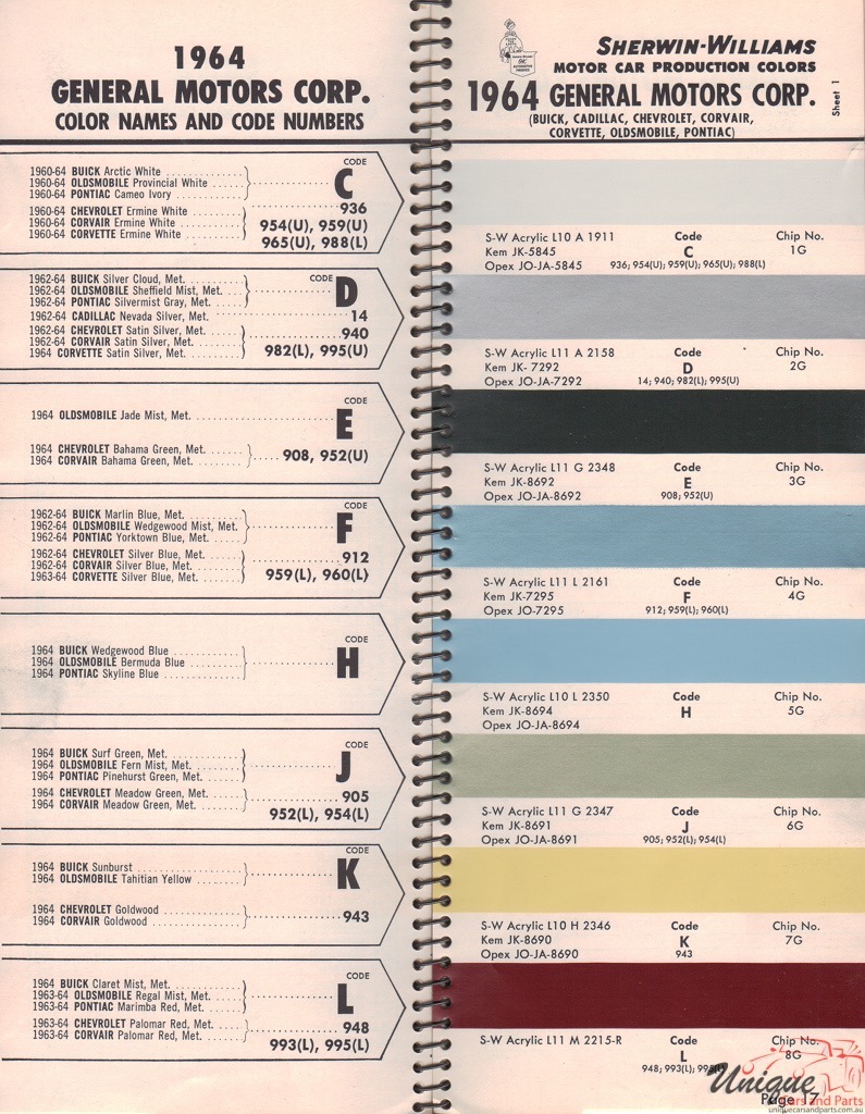 1964 General Motors Paint Charts Williams 1